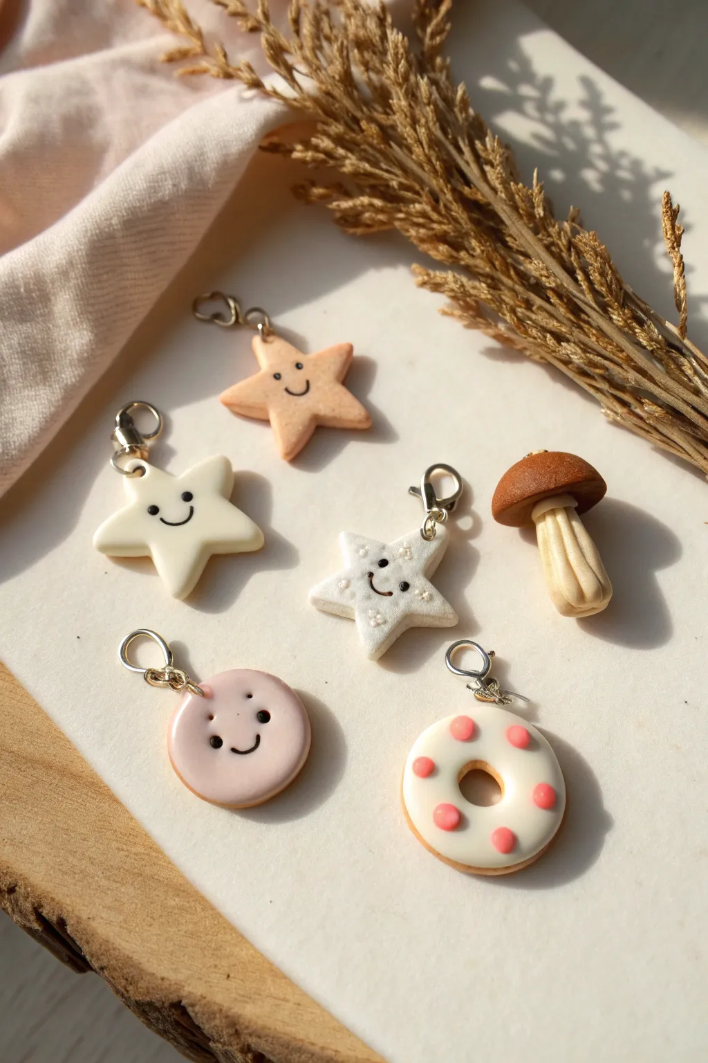 Easy clay zipper charms: star, smiley, mushroom, and tiny donut in a clean minimalist flat lay.