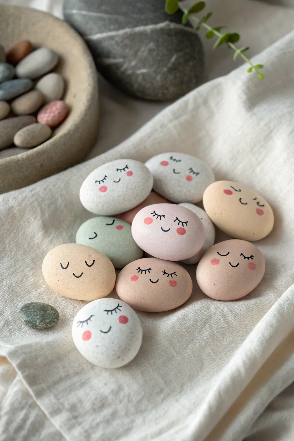 Sweet clay pebble buddy faces with soft pastel details, perfect for simple preschool crafting.