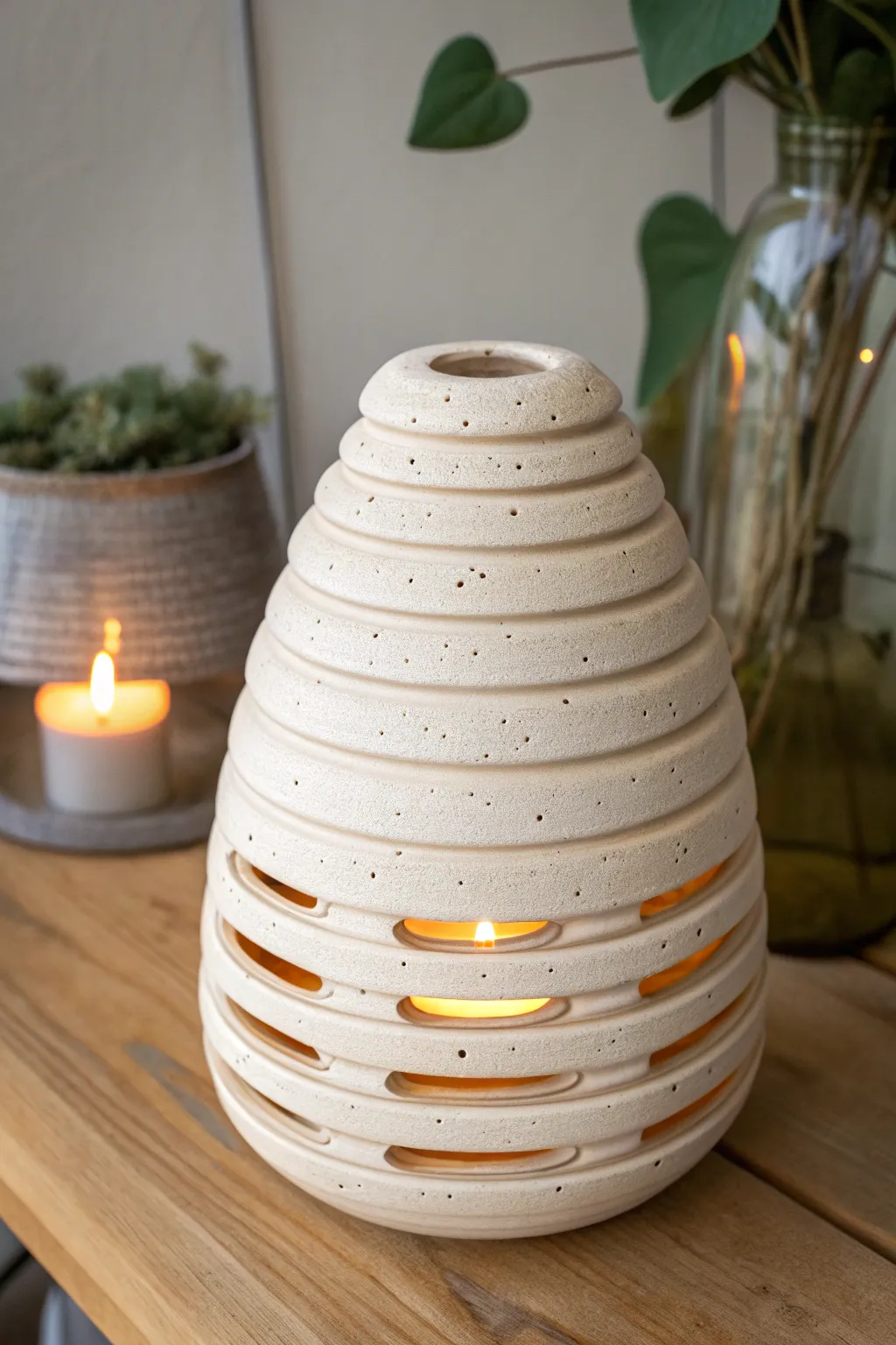 Beehive coil lantern casting warm striped light, a simple handmade centerpiece for cozy minimalist evenings.