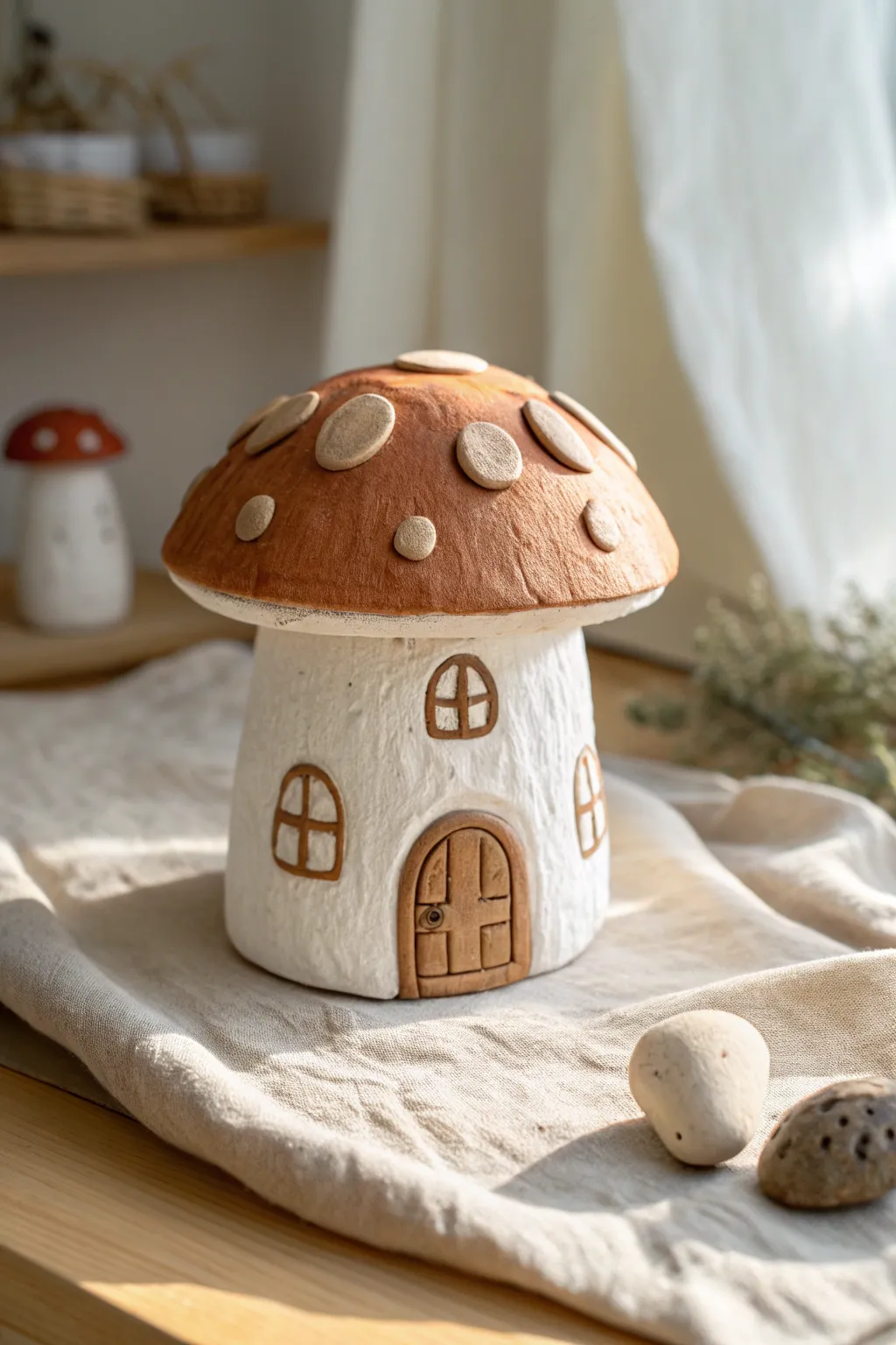 Whimsical mushroom cottage clay sculpture, a simple kids project for magical storytime play.