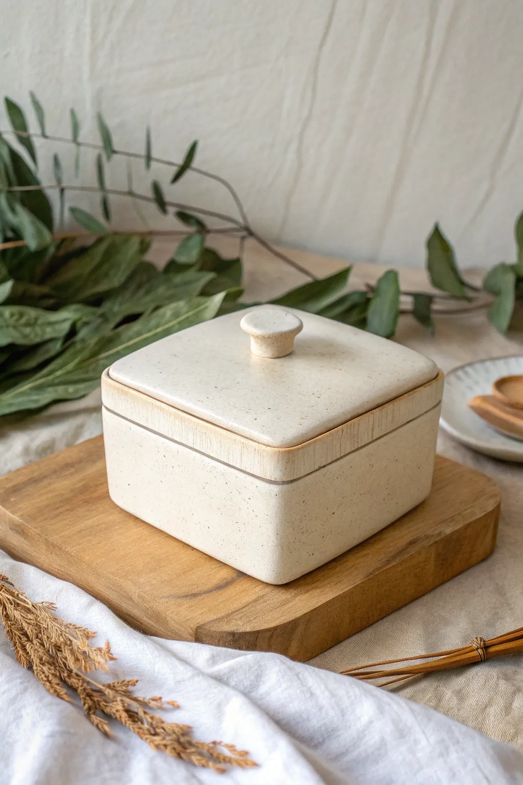 Puffed slab box with softly rounded sides and a clean fitted lid for an organic minimalist look