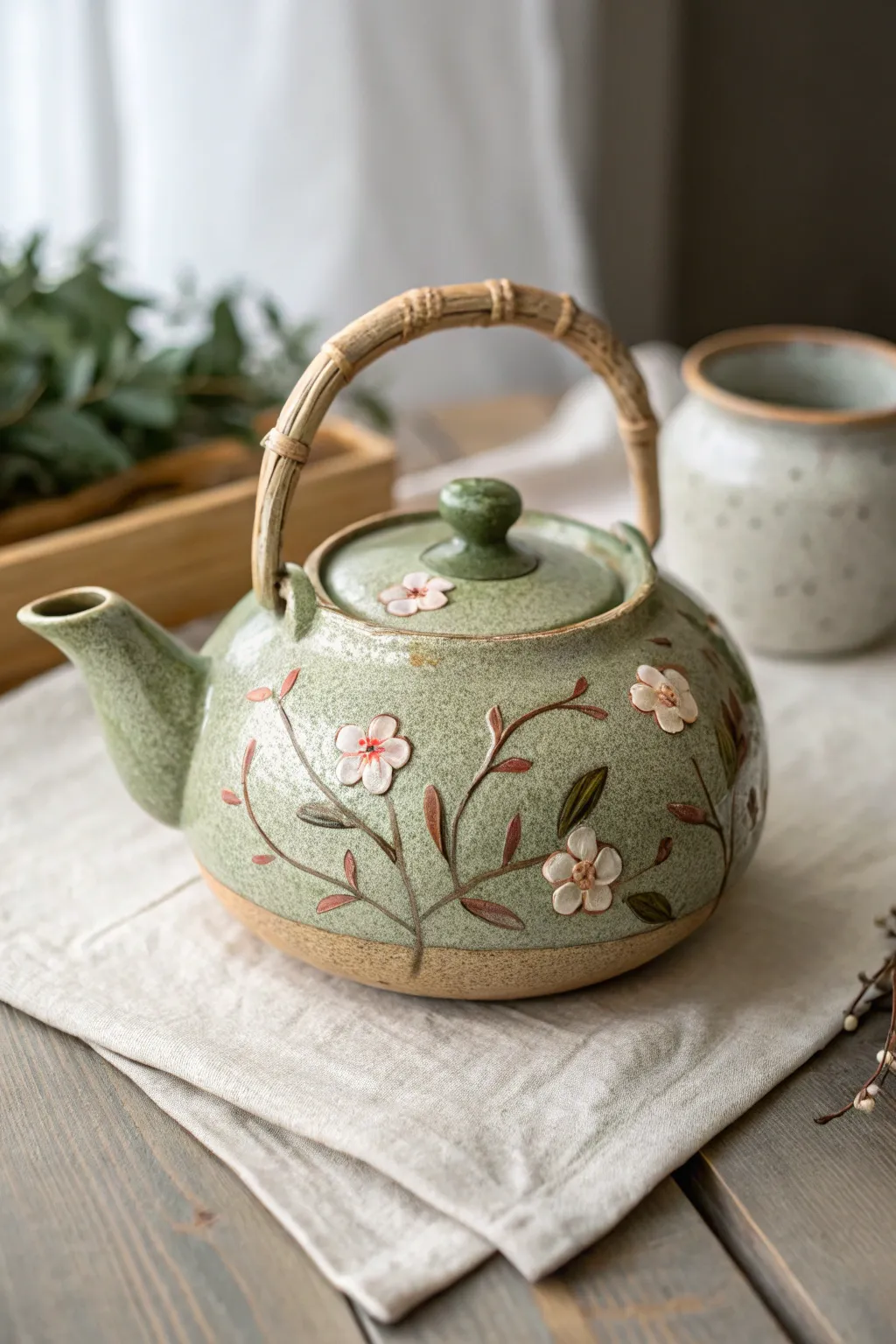 Chunky garden teapot with simple flower appliqués in earthy greens and soft blush tones.