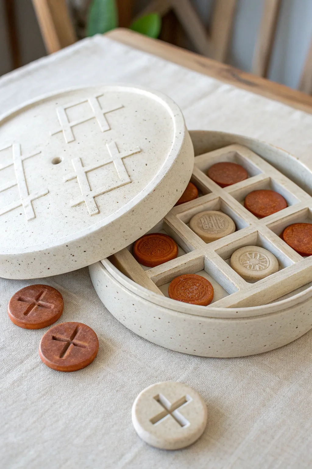 Minimal stackable clay tic tac toe set with hidden storage, perfect for cozy shelves