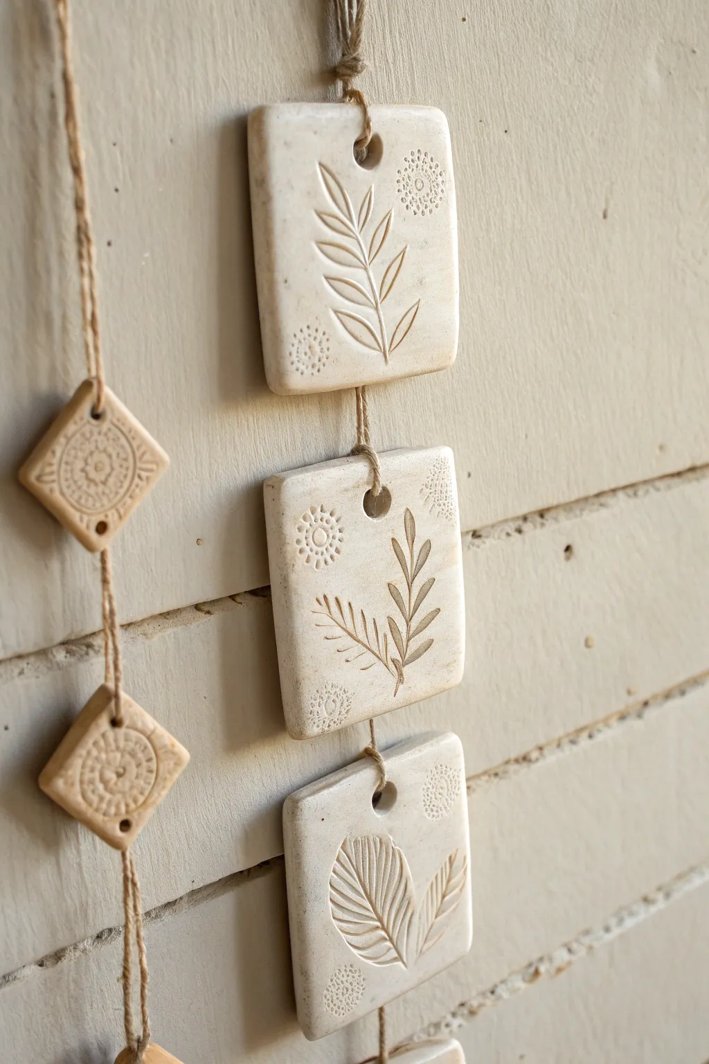 Mini hanging clay tile set with soft textures and clean holes, minimalist boho wall decor