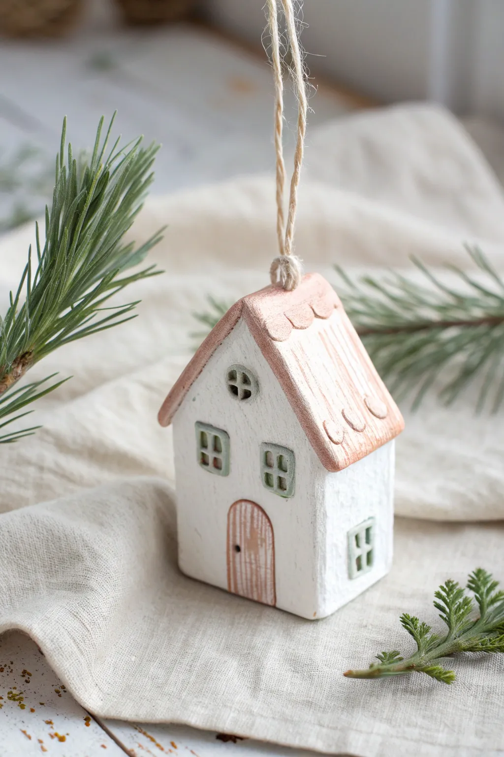 Minimal tiny clay house ornament in soft hues, hanging on linen ribbon for cozy keepsakes.