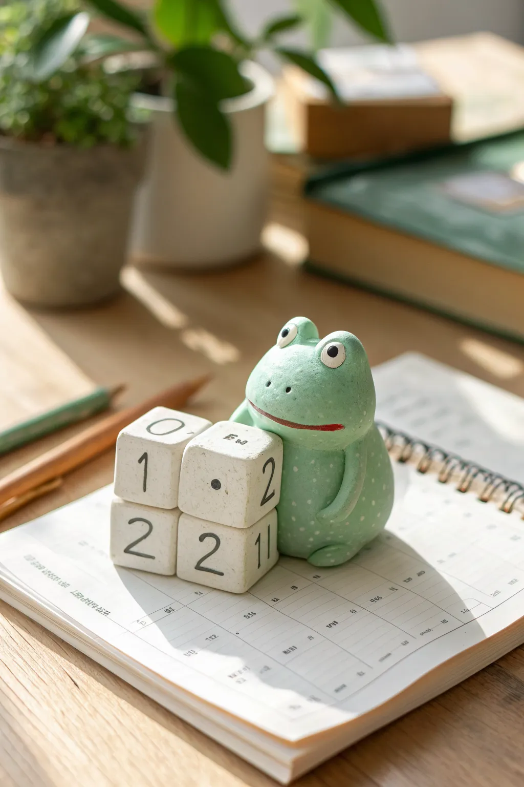Mini clay desk calendar buddy: a sweet frog holding tiny date blocks for your workspace