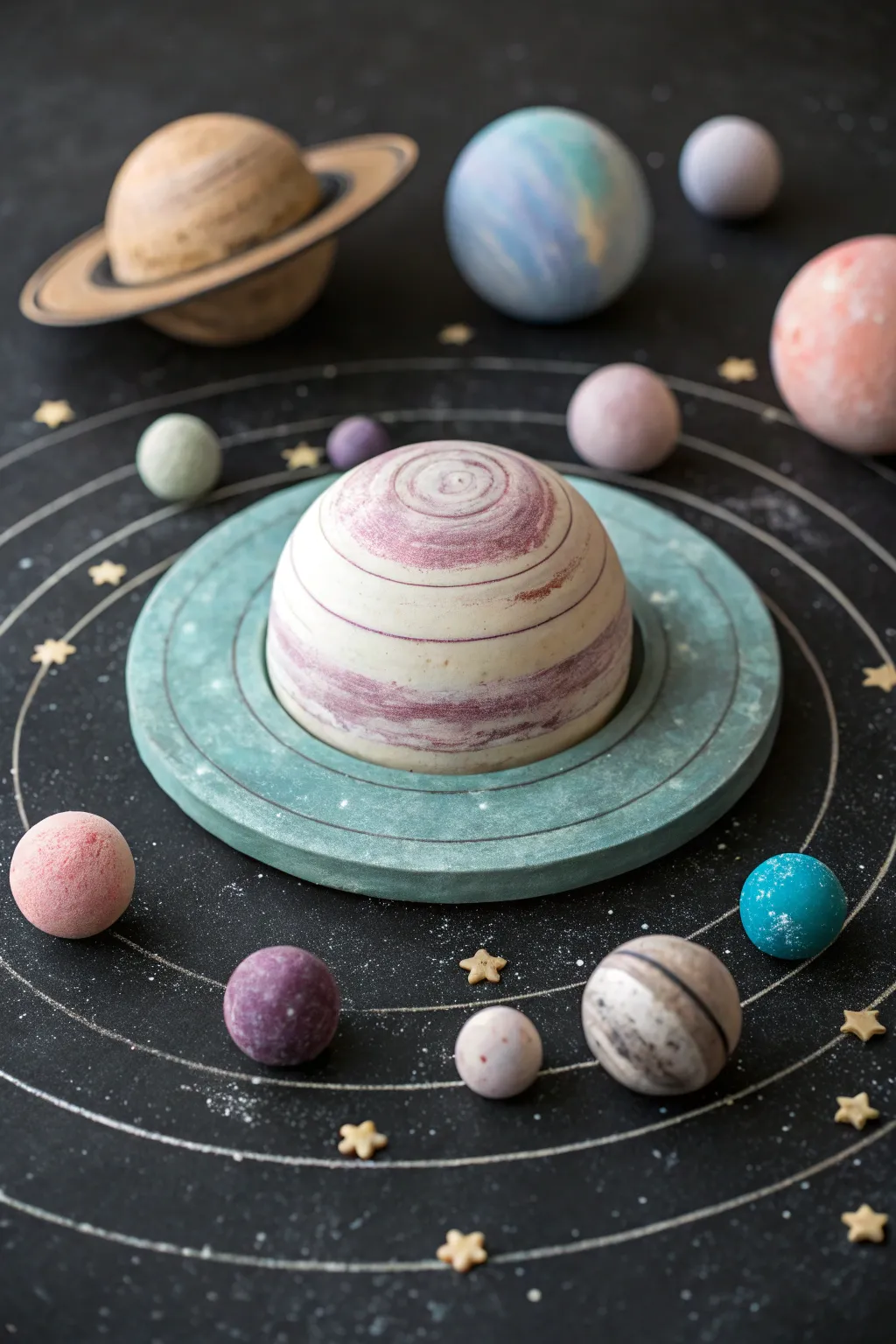 DIY clay galaxy planets kids can make: marbled minis with a simple ringed planet centerpiece.