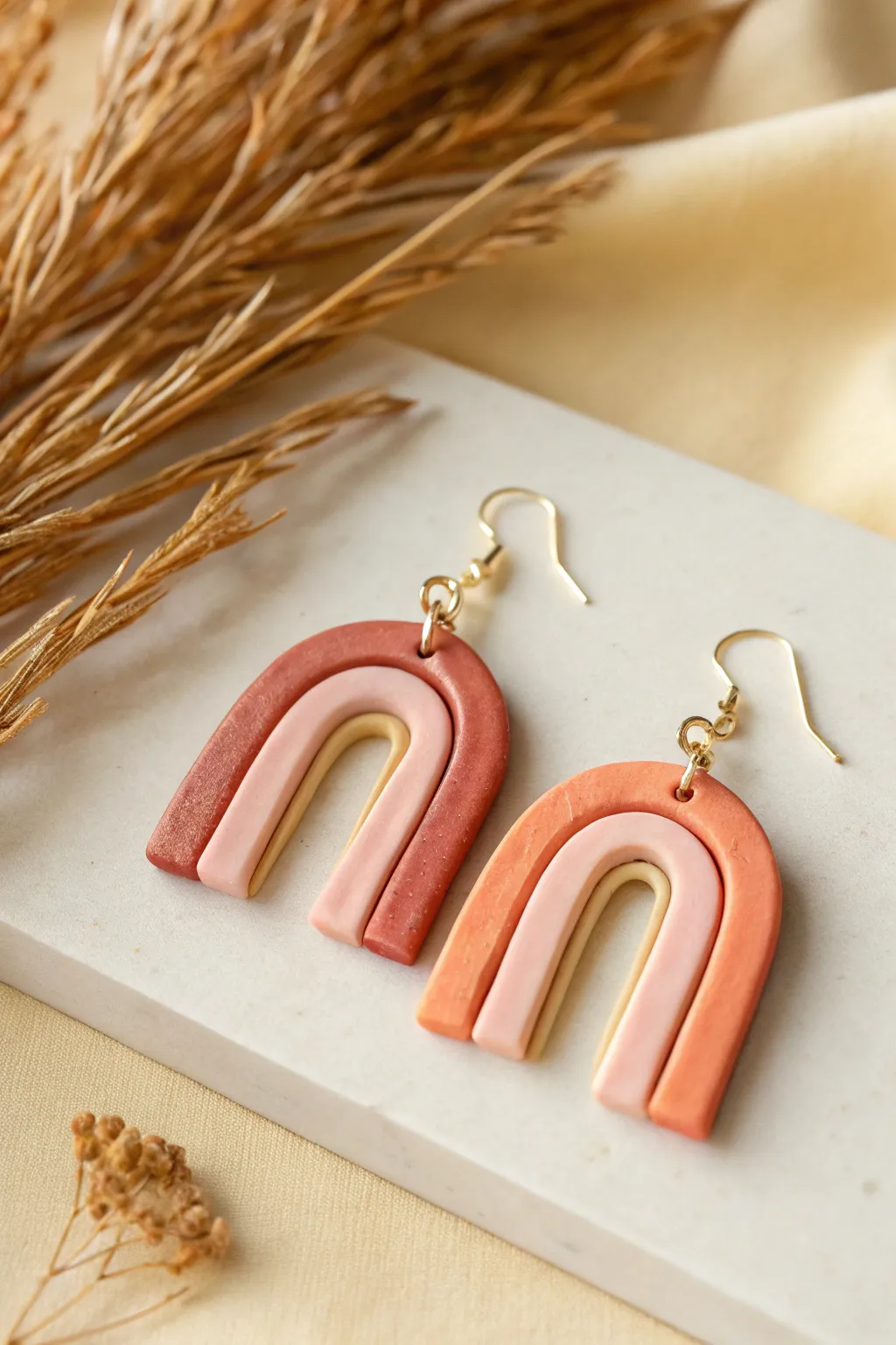 Sunset ombre arch dangles in soft matte clay, simple, modern, and easy to recreate.