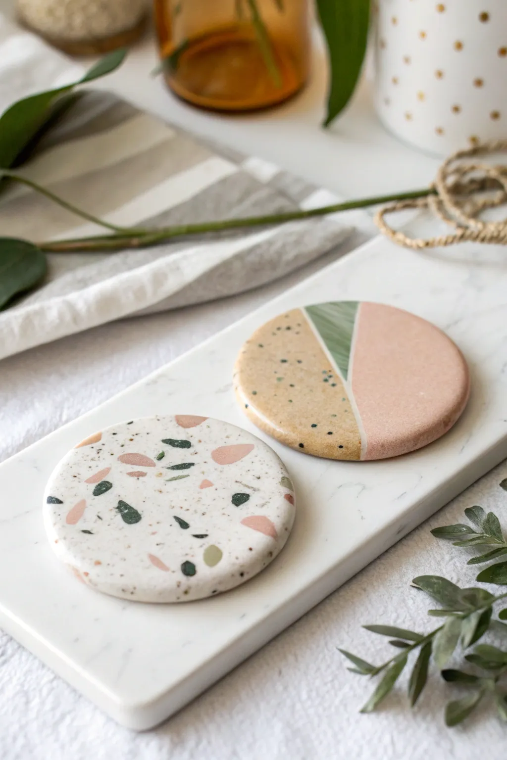 Beginner terrazzo and marble polymer clay slab magnet in soft Scandinavian boho tones.