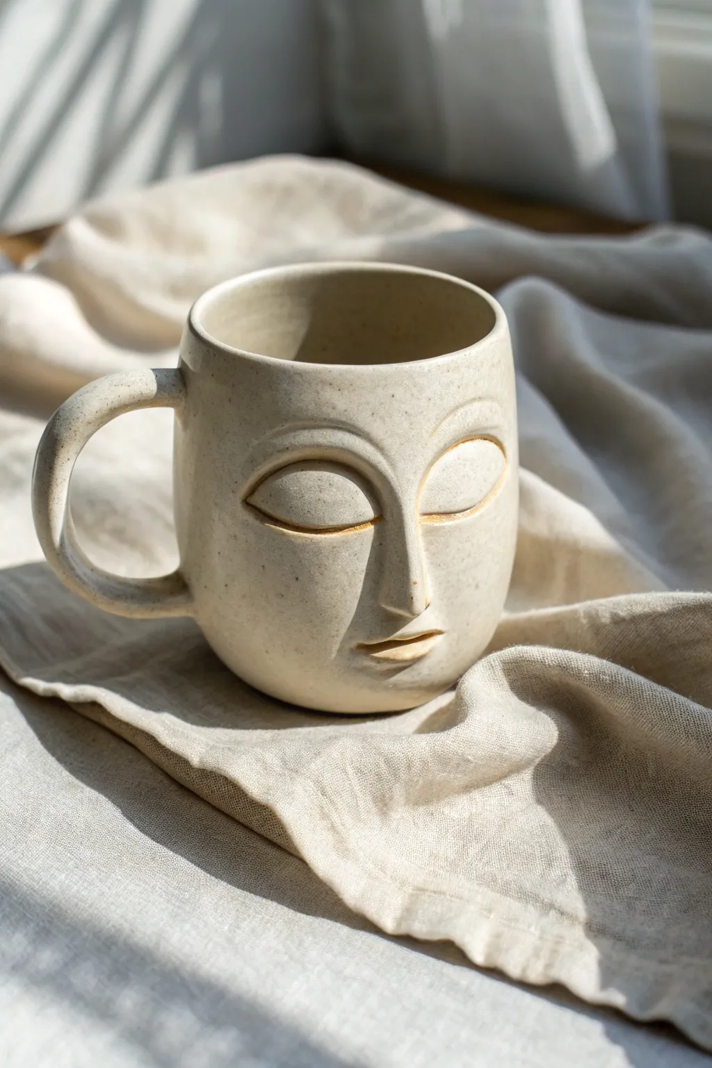 Mask-like face mug with hollow eyes, matte monochrome glaze, minimal Scandinavian boho mood