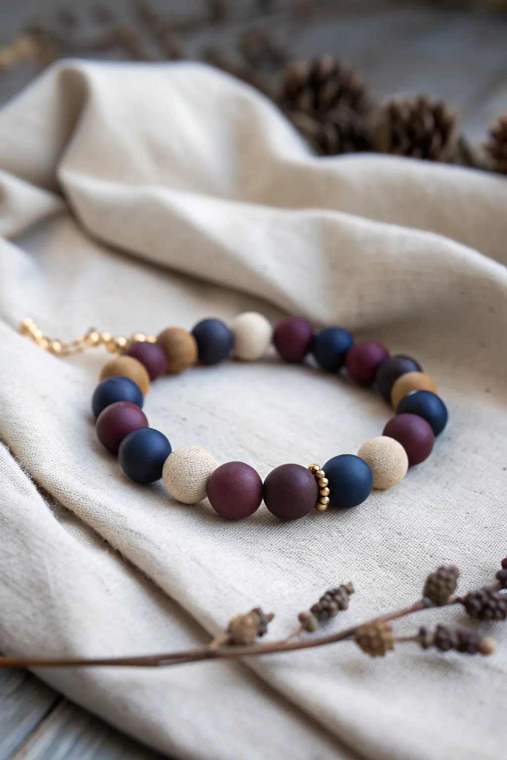 Moody twilight fall bracelet in plum, espresso, navy, and cream with subtle gold spacers.