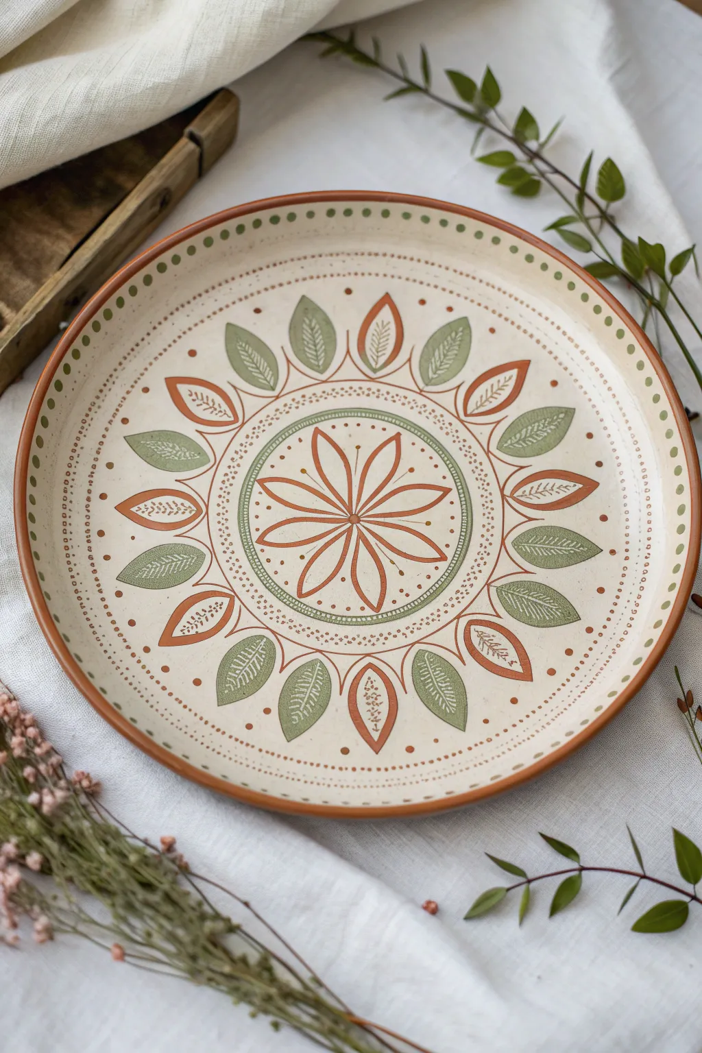 Dot-painted floral mandala plate in earthy tones for a calm Scandinavian-meets-boho look