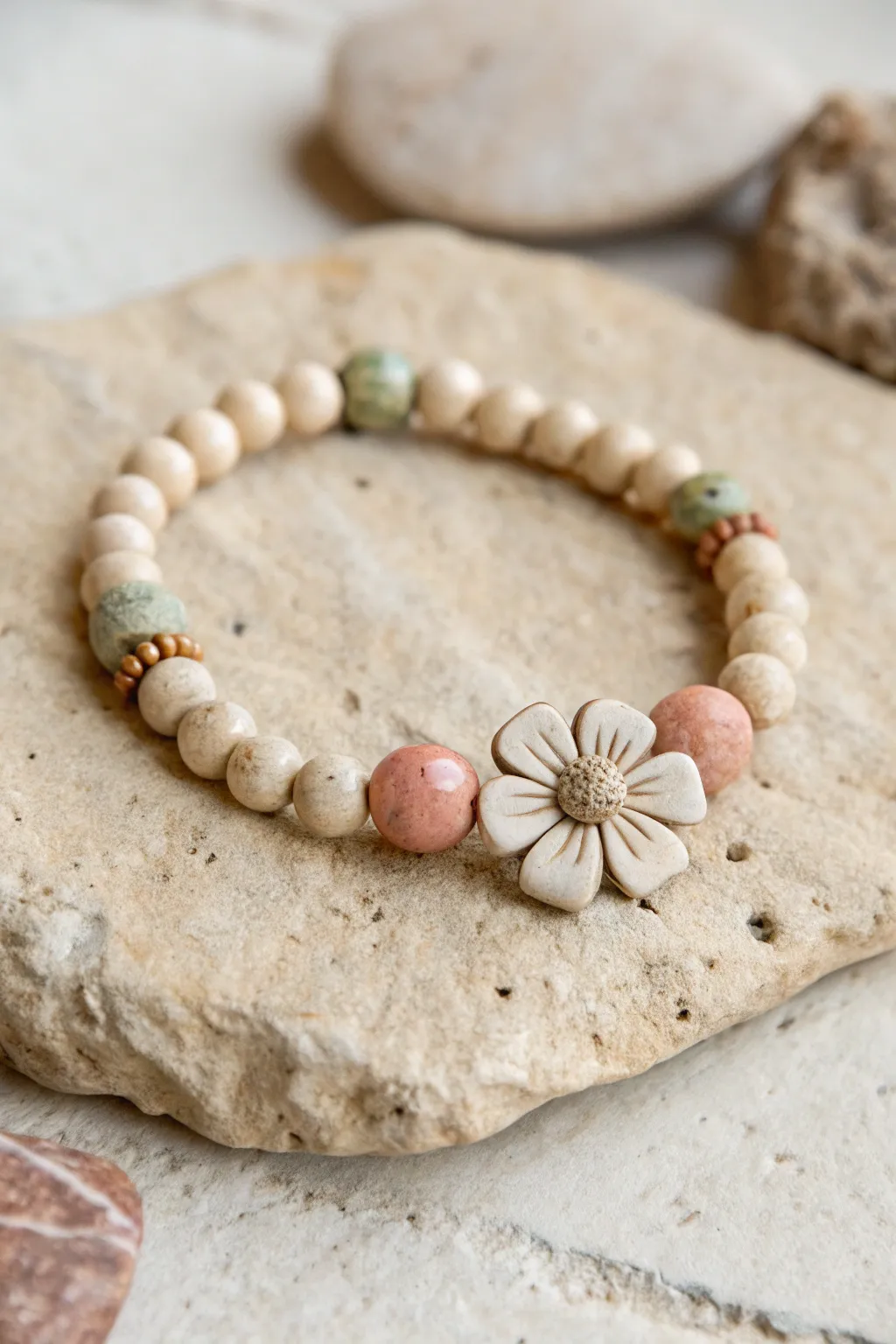 Off-center flower bead and subtle Heishi pattern shift for a clean, modern bracelet look