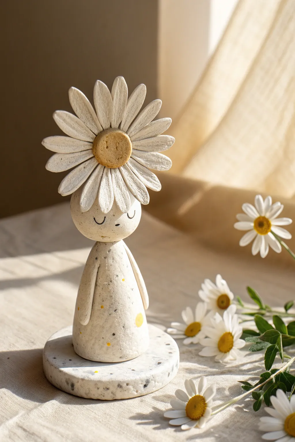 Sweet minimalist clay figurine with an oversized daisy head, perfect for whimsical flower decor.