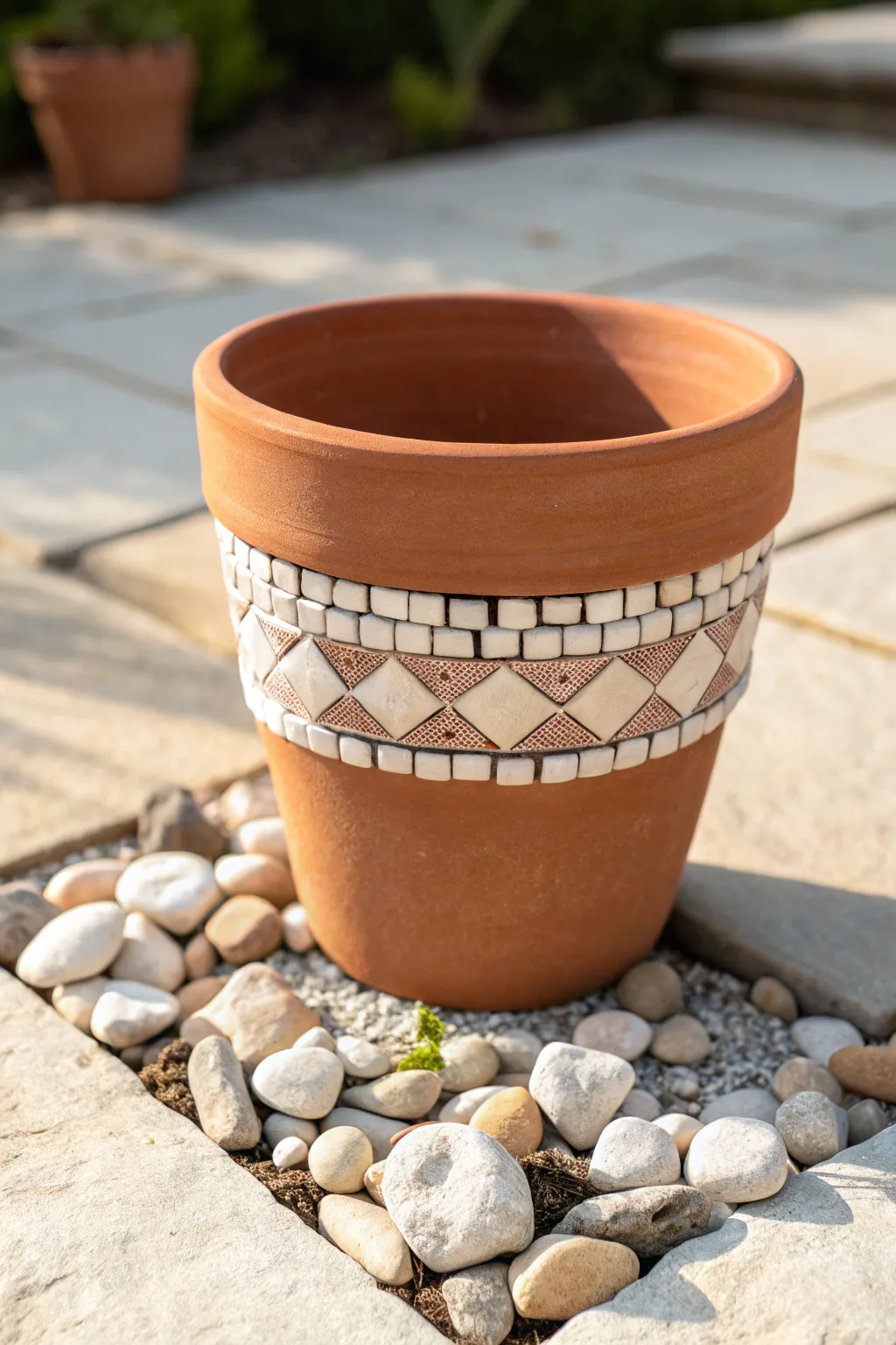 Simple terracotta pot with a pebble mosaic band, perfect for a calm Scandinavian patio vibe