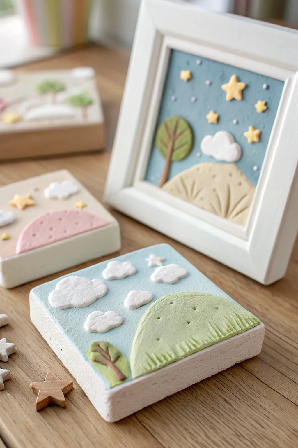 Soft pastel foam clay mini tile with puffy clouds and stars, a tiny diorama for dreamy decor.