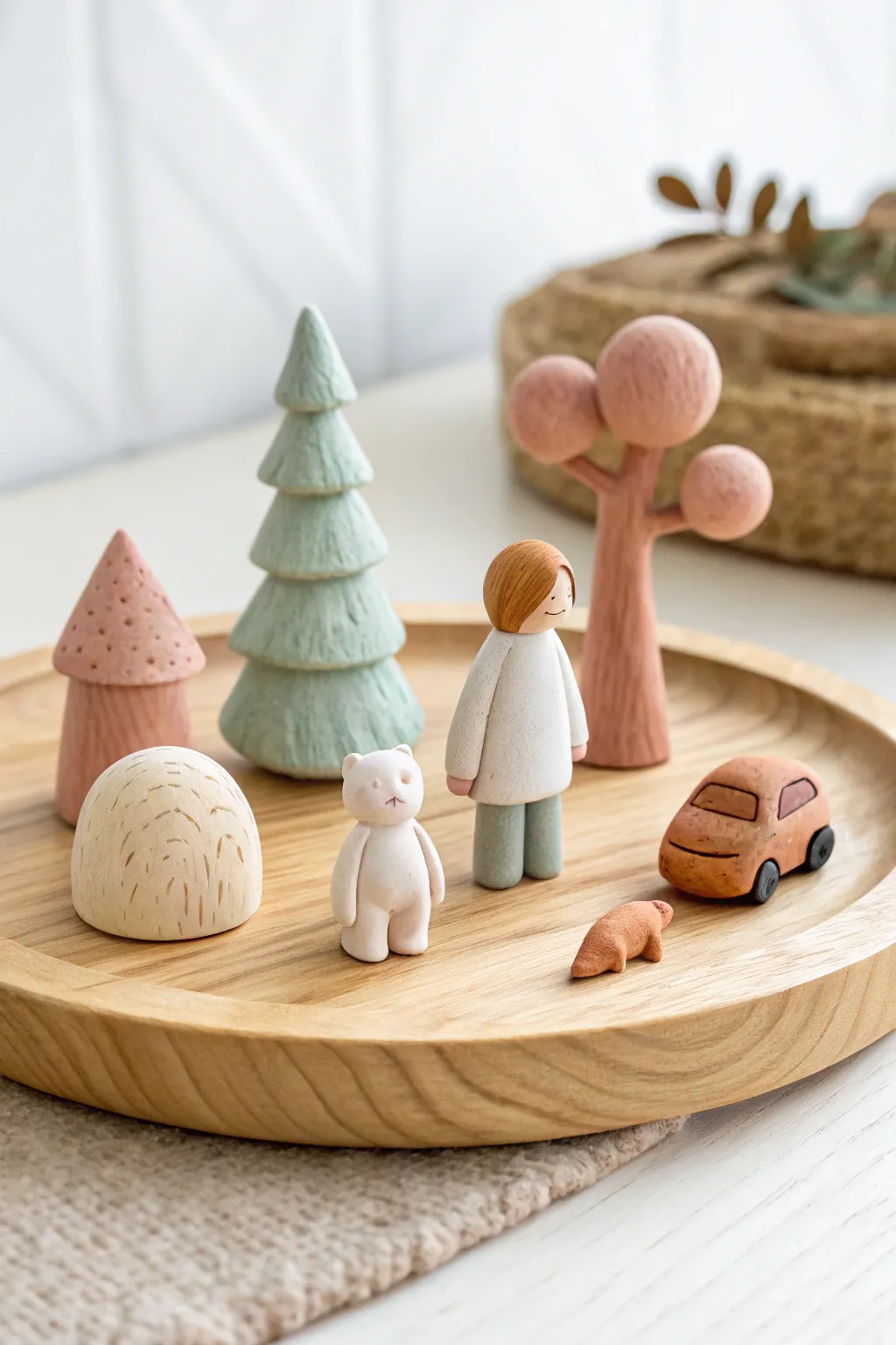 Mini small-world clay figures for kids: a person, tree, and pet scene in soft minimalist tones.