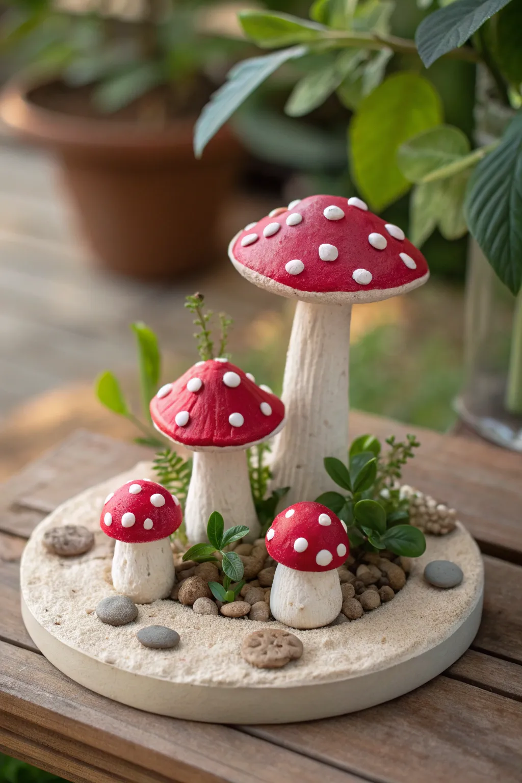 Cute polka dot clay mushrooms on a tiny garden base, perfect for an easy kids project