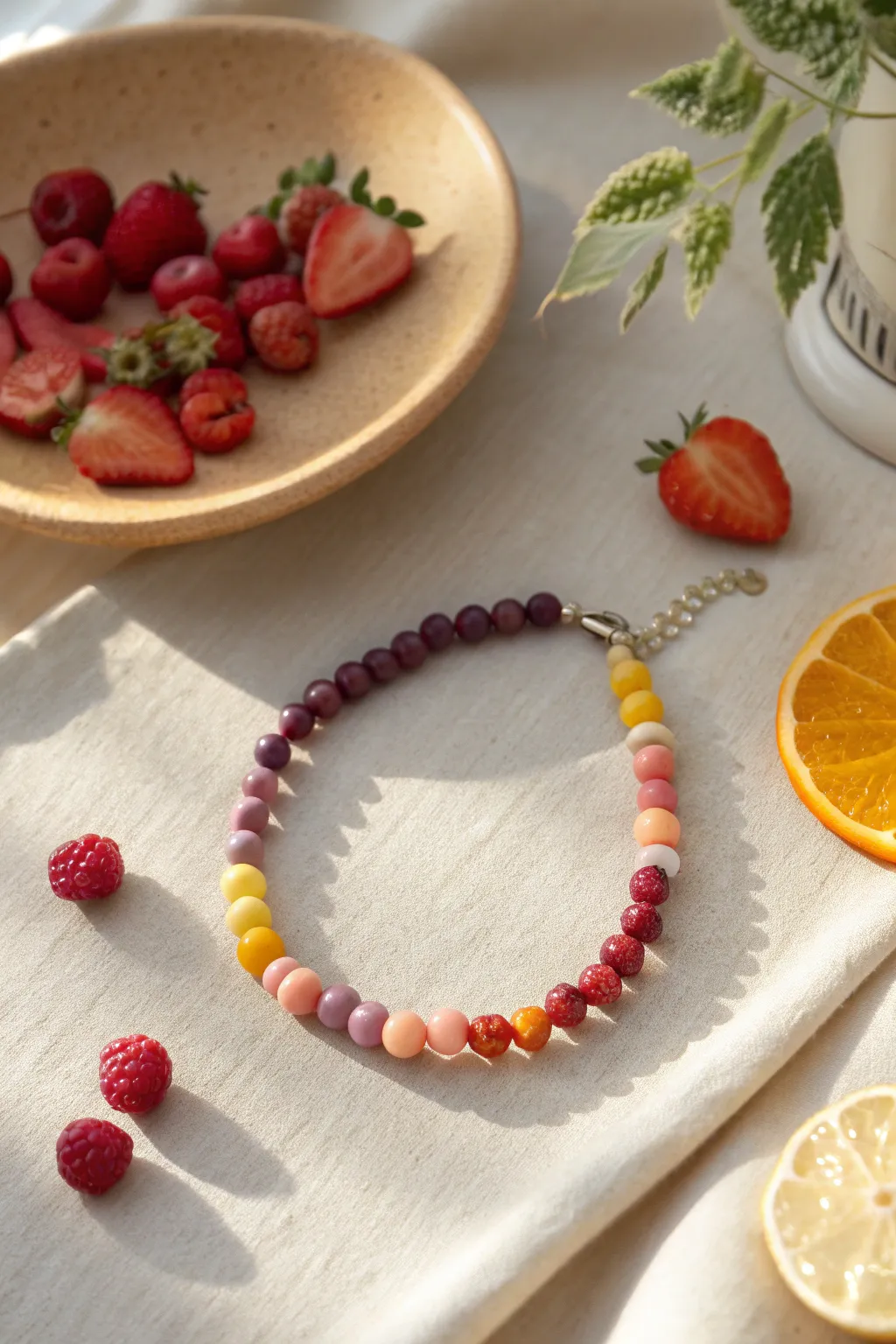Berry-to-citrus gradient bracelet with simple fruit clay beads, minimal styling and warm natural light