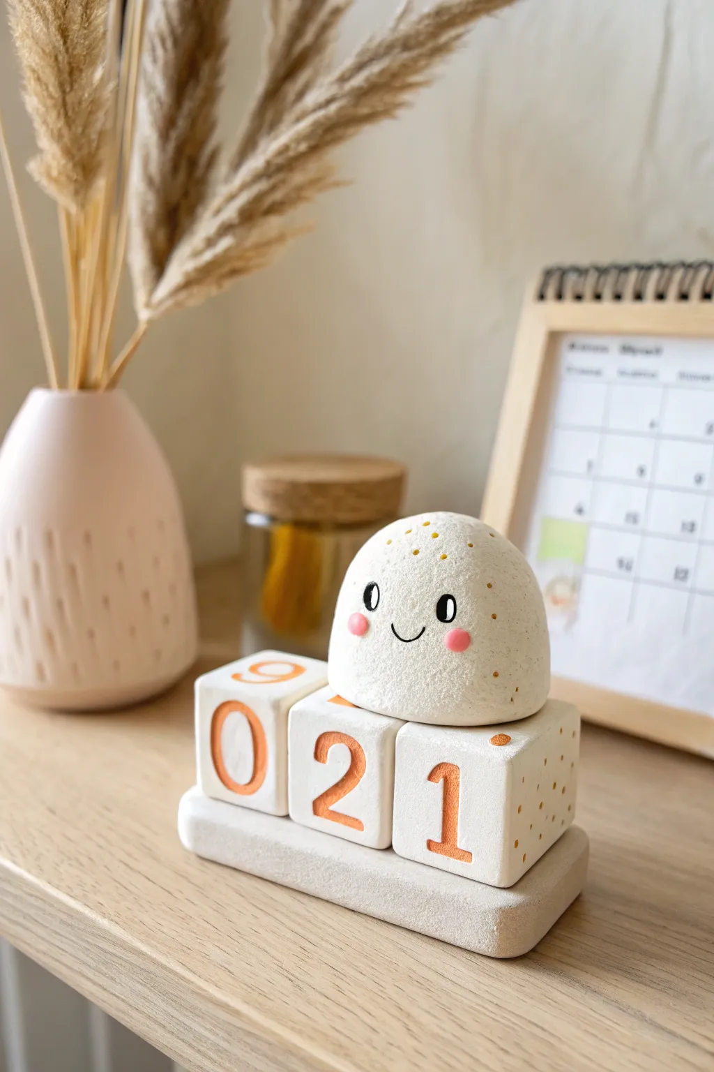 Cute clay desk pal holding date cubes, minimalist Scandinavian vibe with a soft boho touch.