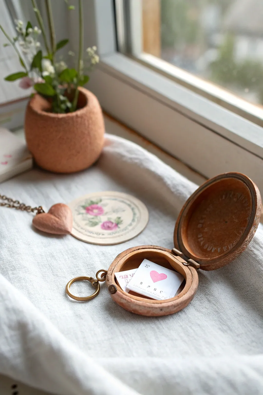 A sweet polymer clay locket charm that opens to reveal a tiny heart and hidden note inside.