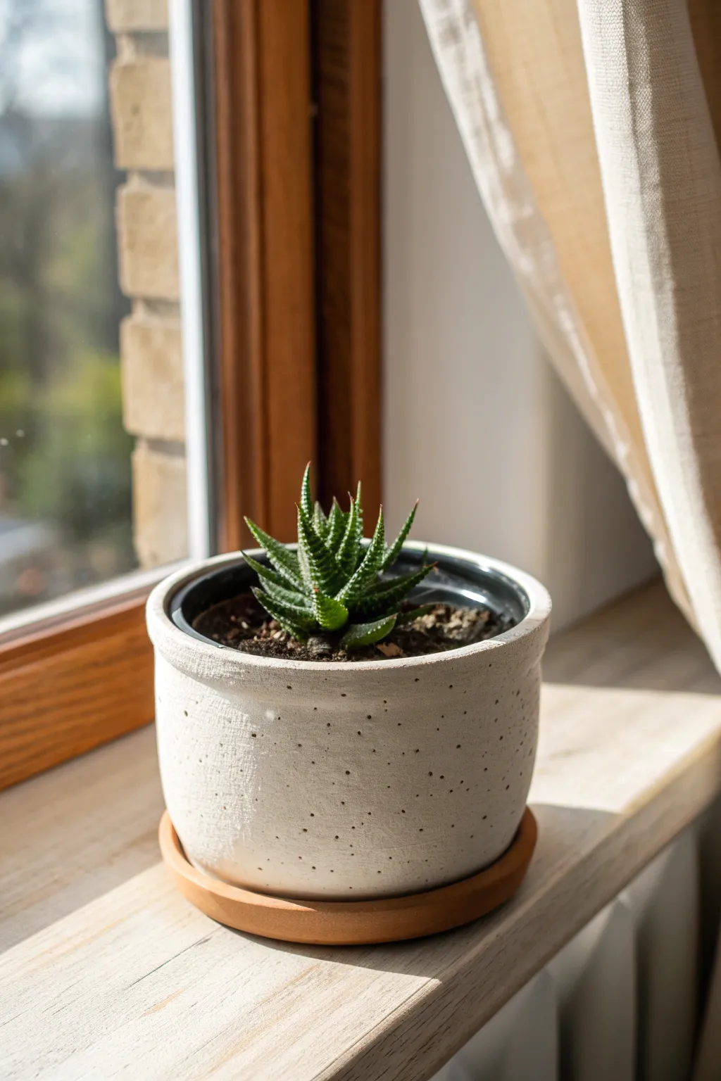 Minimal air dry clay cachepot with a tiny succulent, perfect for bright, cozy windowsills.