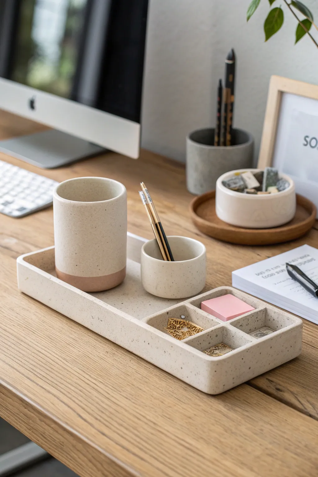 Minimal modular ceramic organizers with coordinated glazes to tidy pens, clips, and notes.