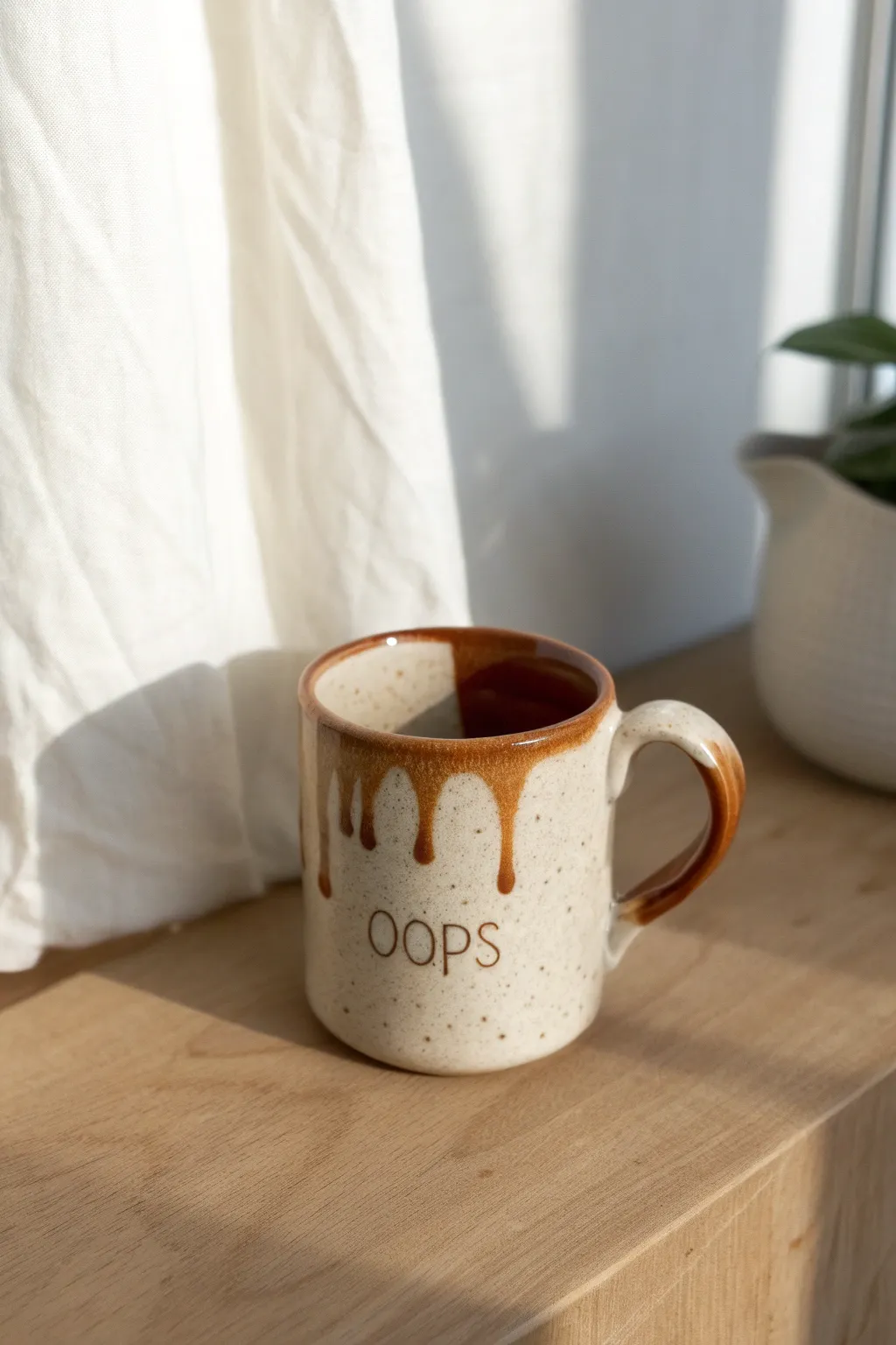 Minimalist handmade mug with glossy faux drips, an intentional spill joke for cozy coffee laughs.