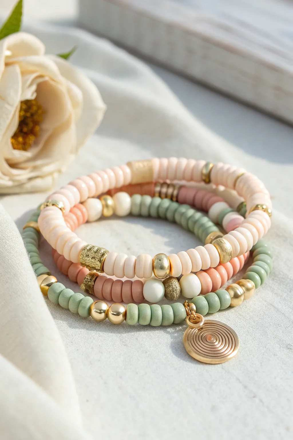 Mixed textures and pearly accents make this clay bead bracelet stack feel extra special.