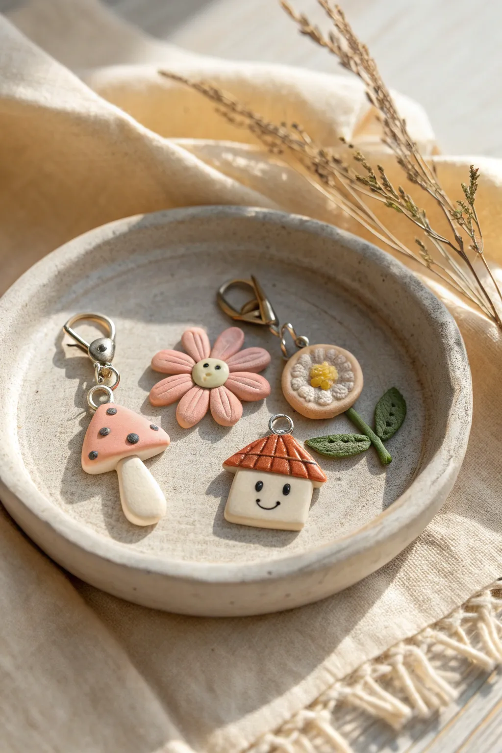 Mini cottagecore clay charms: smiling mushroom, sweet flower, and tiny fairy house with bow