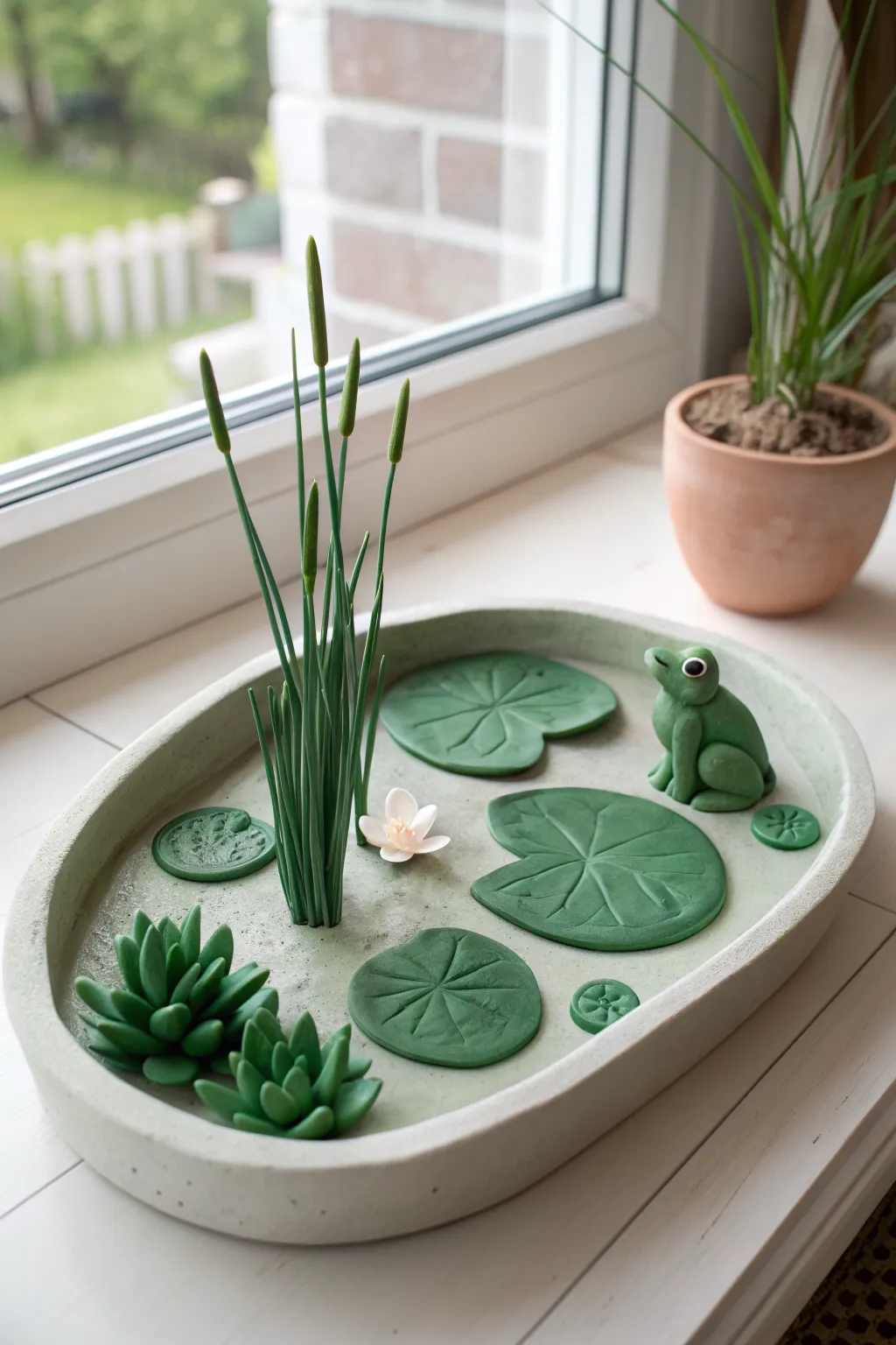 Mini pond diorama tray in green air dry clay, minimalist reeds and lily pads, calm boho vibe.