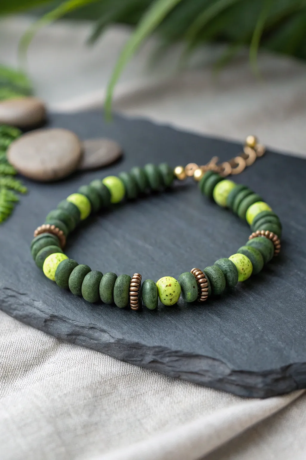 Deep forest green clay disc bracelet with neon lime accents and subtle metallic spacers.