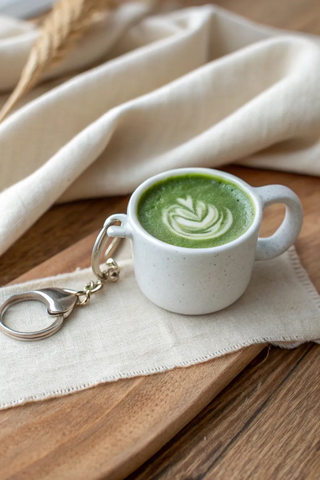 Mini matcha cup charm in polymer clay with a creamy green swirl, minimalist and cozy