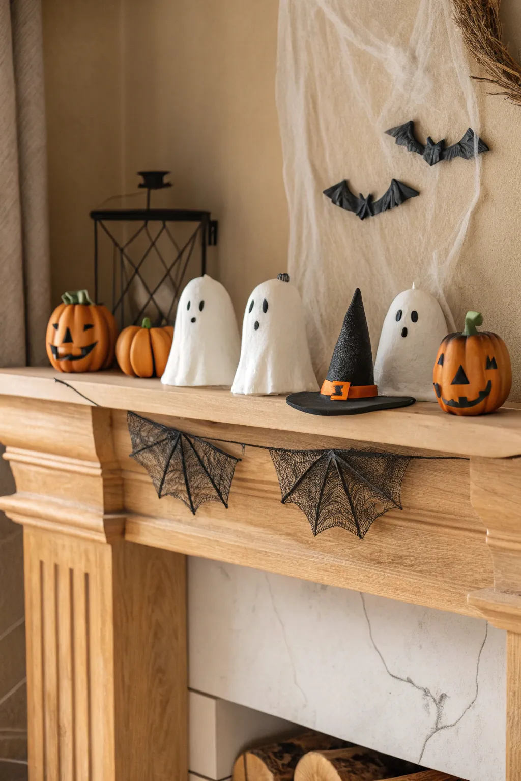 A minimalist mini Halloween mantel set in air dry clay, warm light, cozy Scandinavian boho vibes.