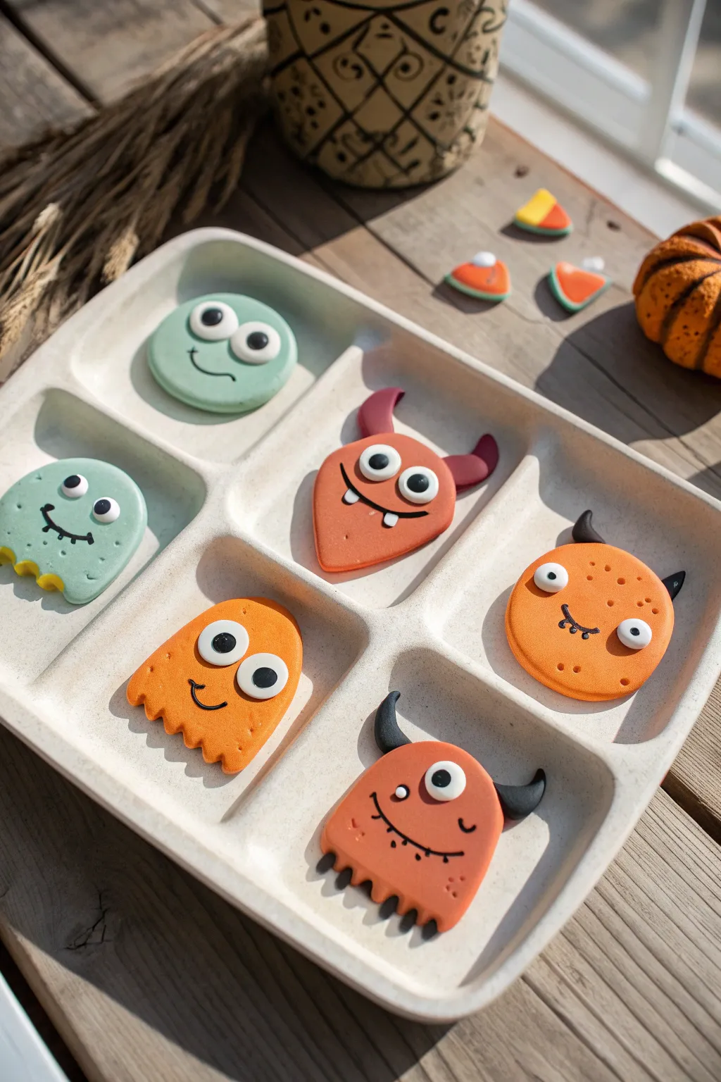 Build-your-own clay monster parts in bright Halloween colors, neatly styled on a minimal tray