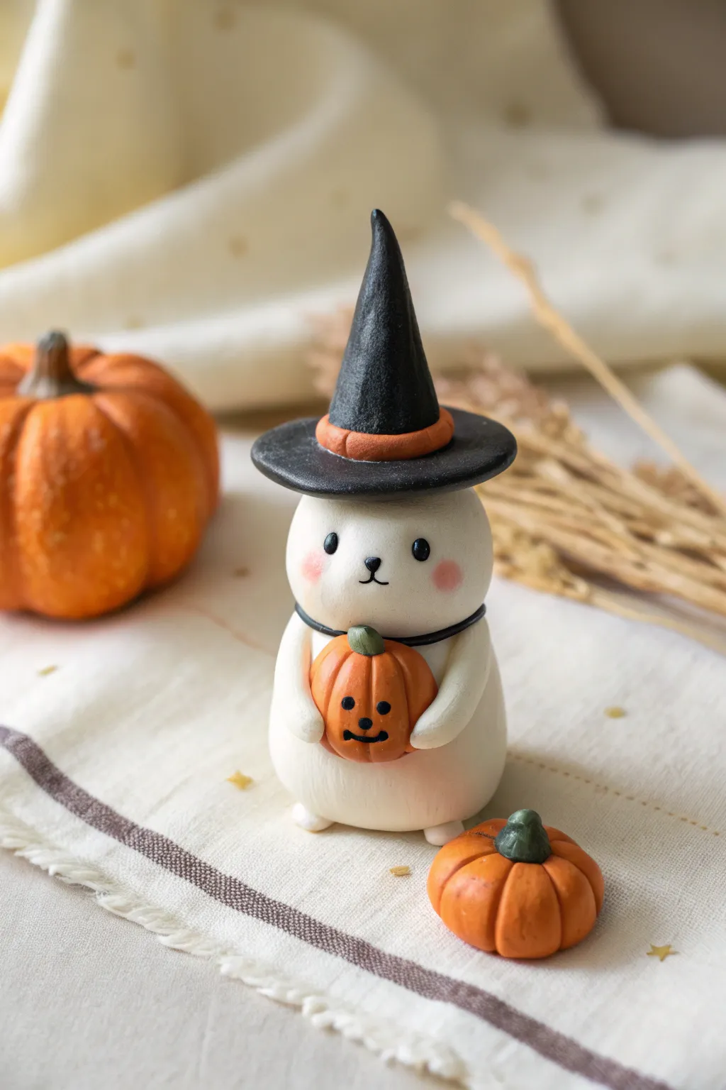 Adorable clay critter in witch hat holding a mini pumpkin, perfect for simple Halloween decor.