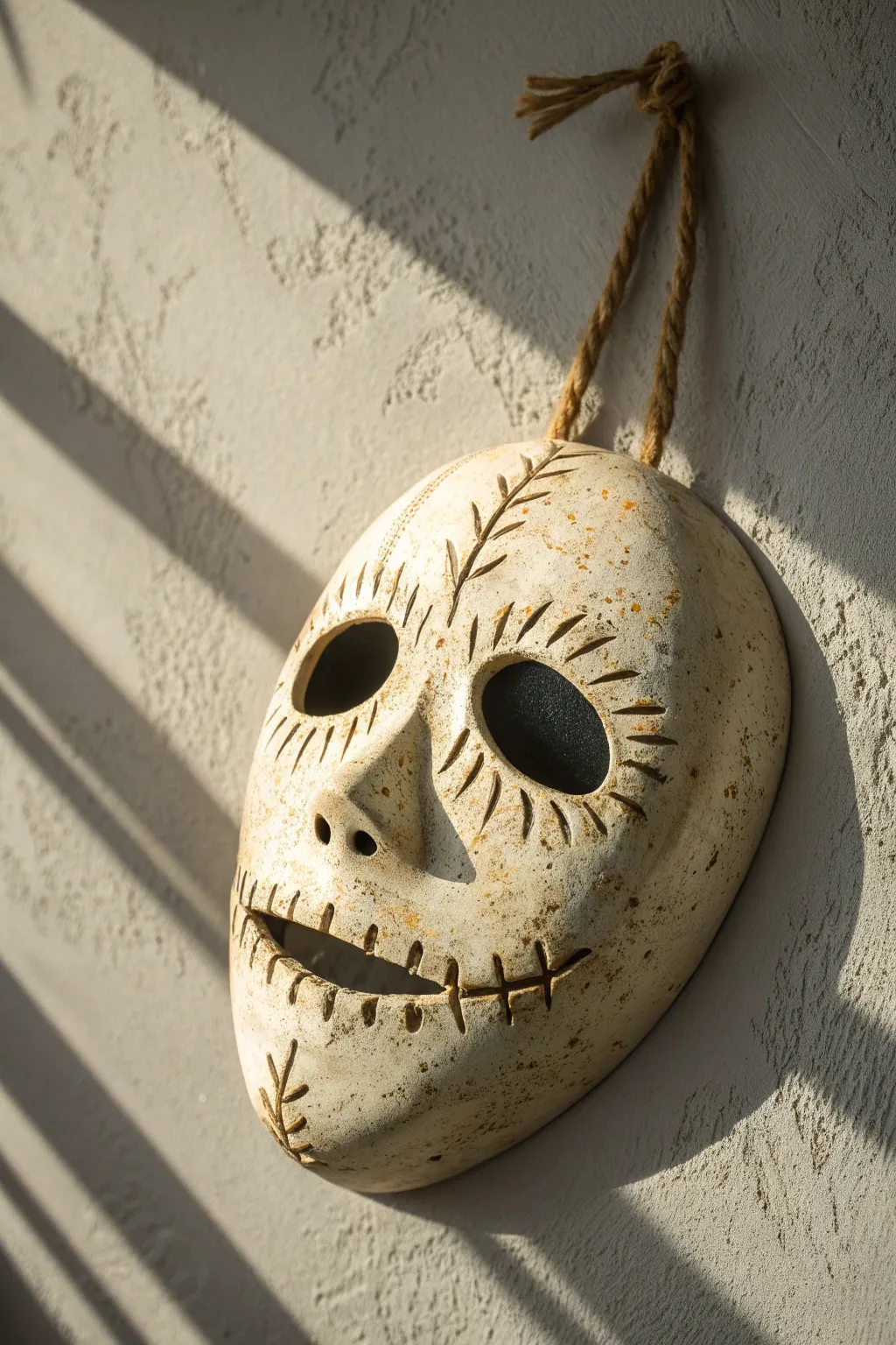 Minimalist ceramic Halloween mask wall hanging with moody shadows and handmade charm