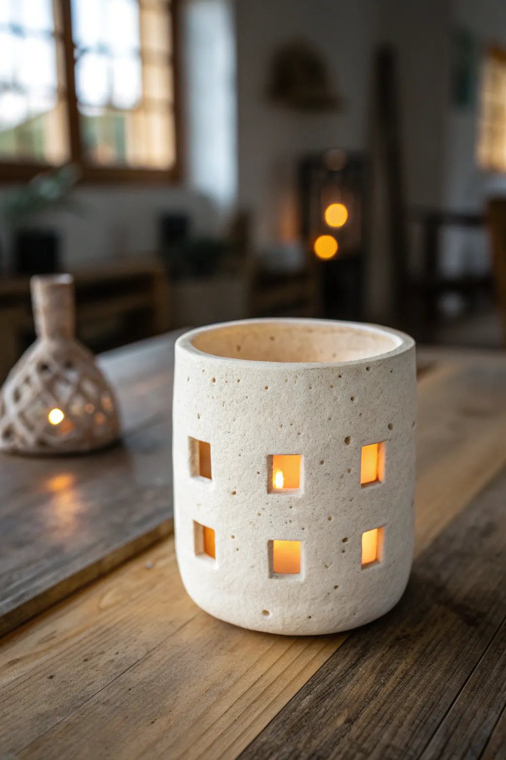 Simple slab-built luminary with easy cutout windows, softly glowing for a cozy minimalist vibe