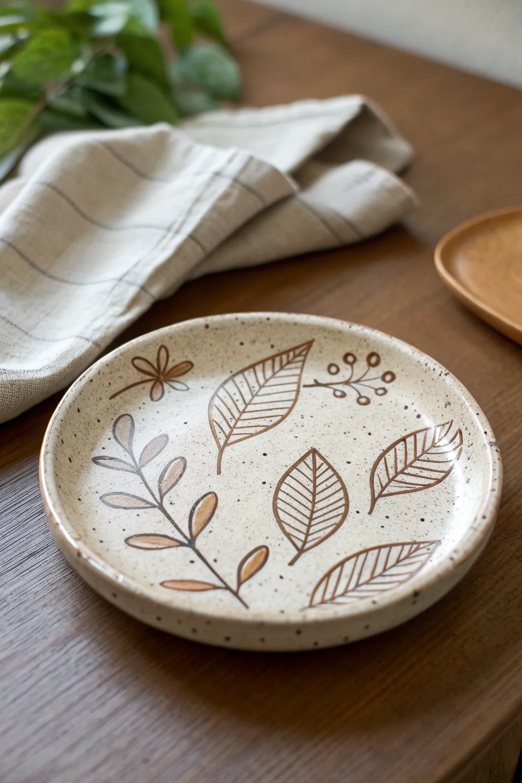 Beginner sgraffito plate with simple scratched patterns and cozy linen styling, clean and modern