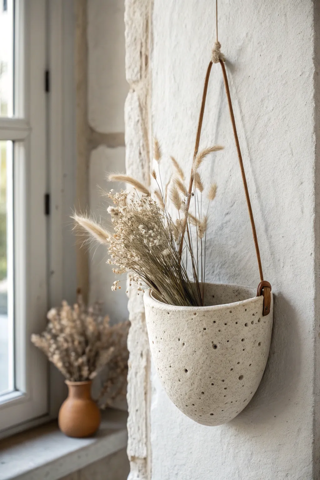 Minimal hanging wall pocket vase with dried florals for a calm Scandinavian boho touch