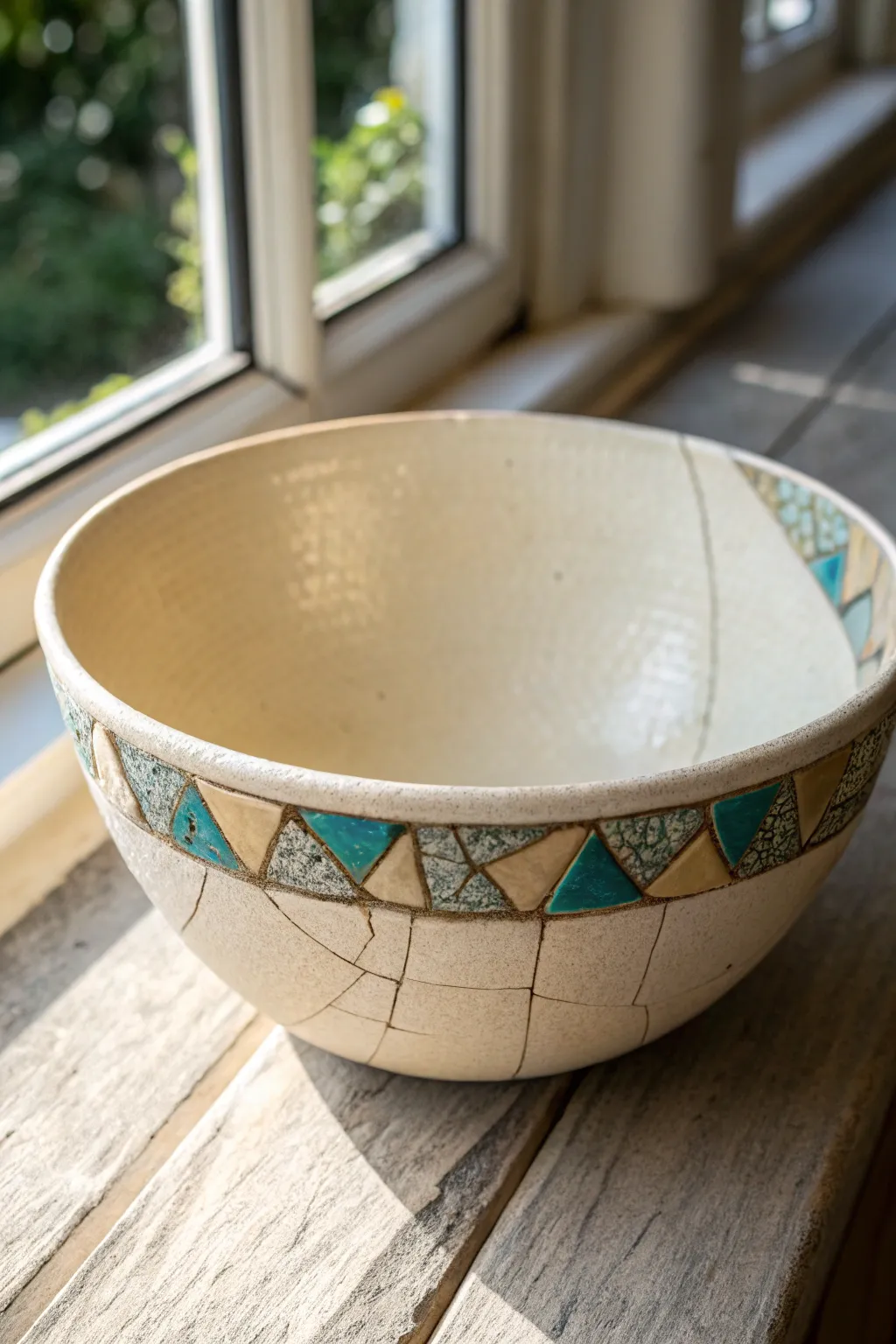 A broken-and-beautiful bowl with mosaic-style repair, celebrating flaws with calm minimal charm