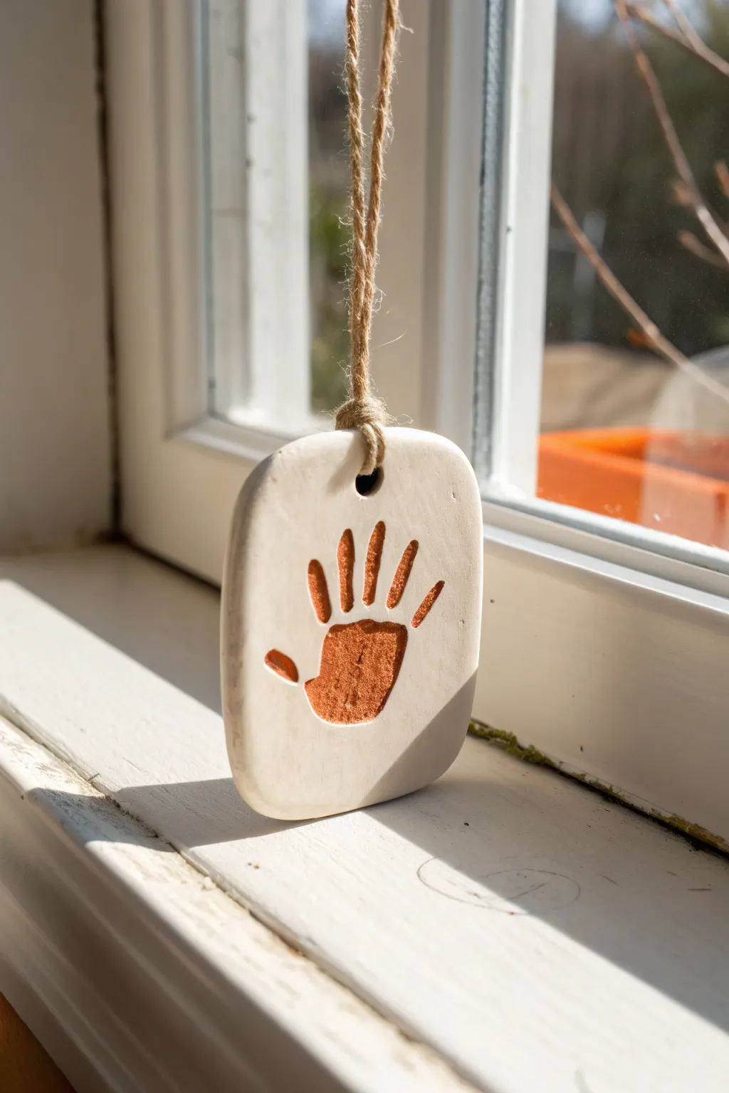Minimalist negative-space handprint ornament with contrasting clay layer, glowing in window light.