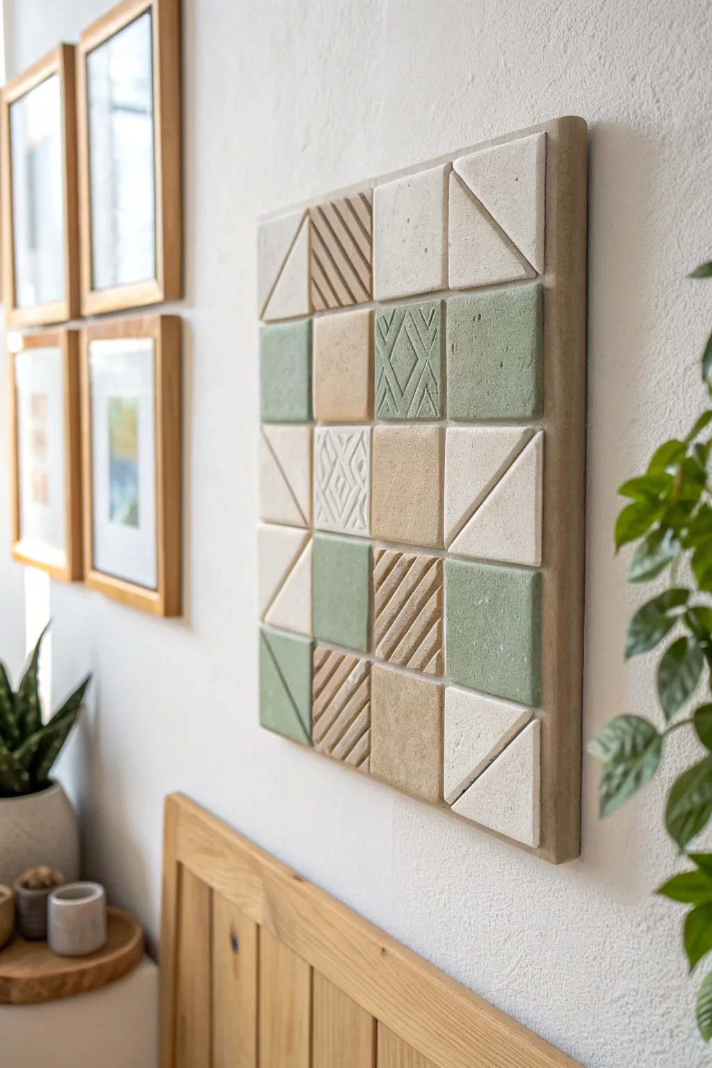 Minimal layered hard slab wall relief in neutral tones with one glossy sage accent tile
