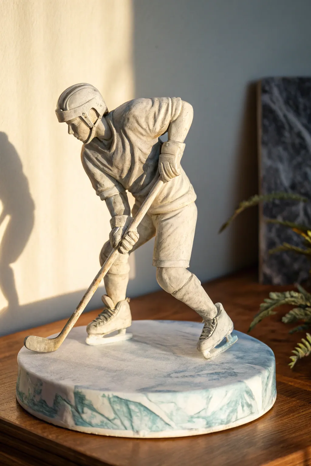 Minimalist clay hockey player in mid slap shot, a dynamic sculpture on an icy oval base.
