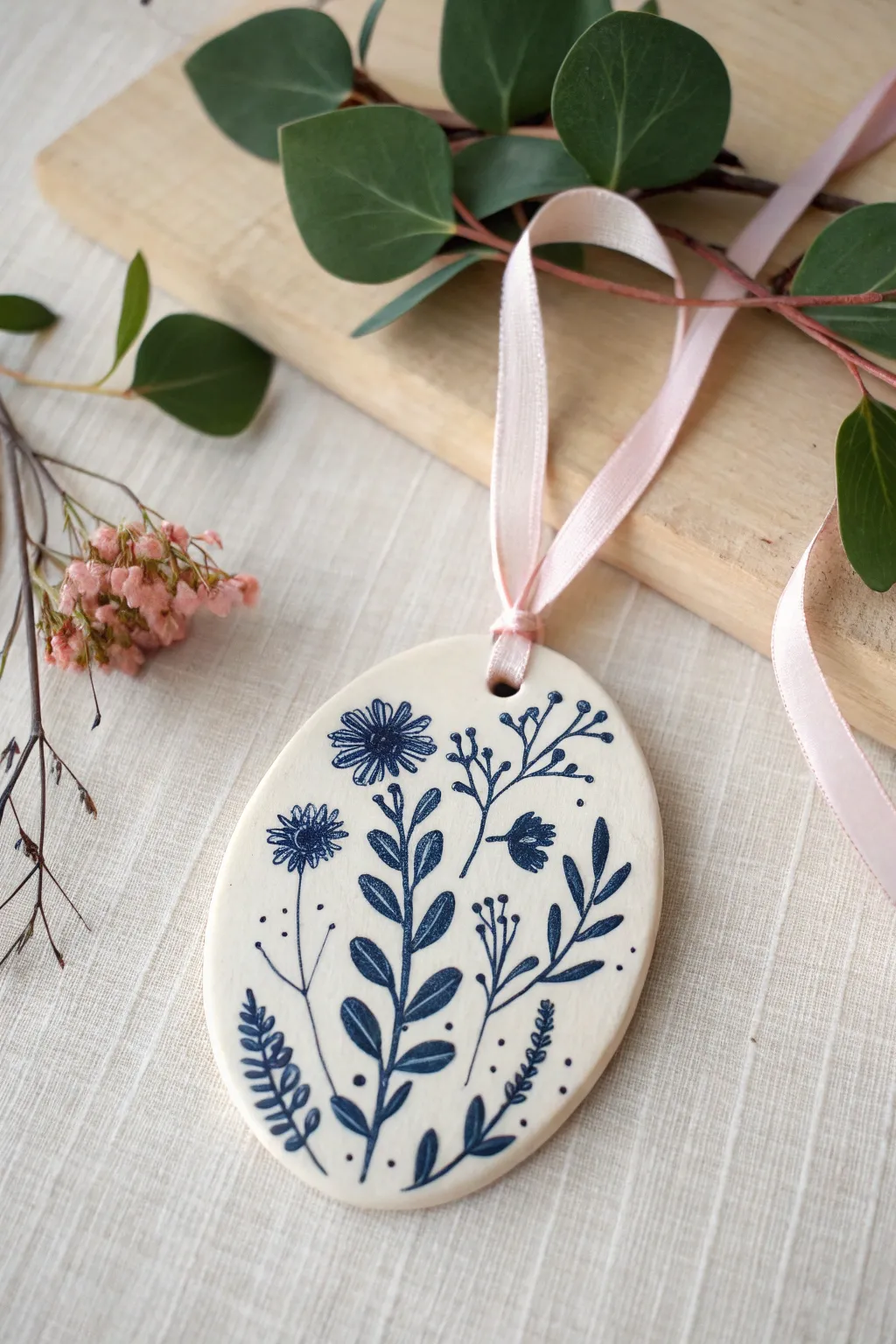 Glossy patterned clay ornament on satin ribbon, minimalist Scandinavian style with boho warmth.