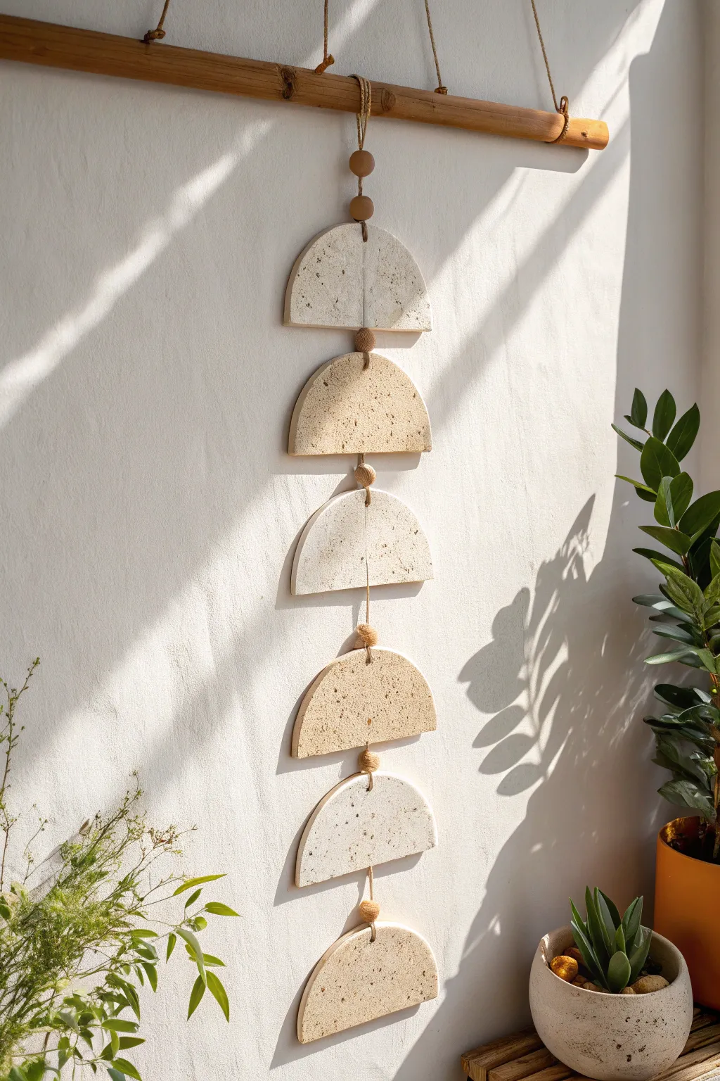Minimal clay wall hanging tiles in warm light, simple shapes and handmade texture