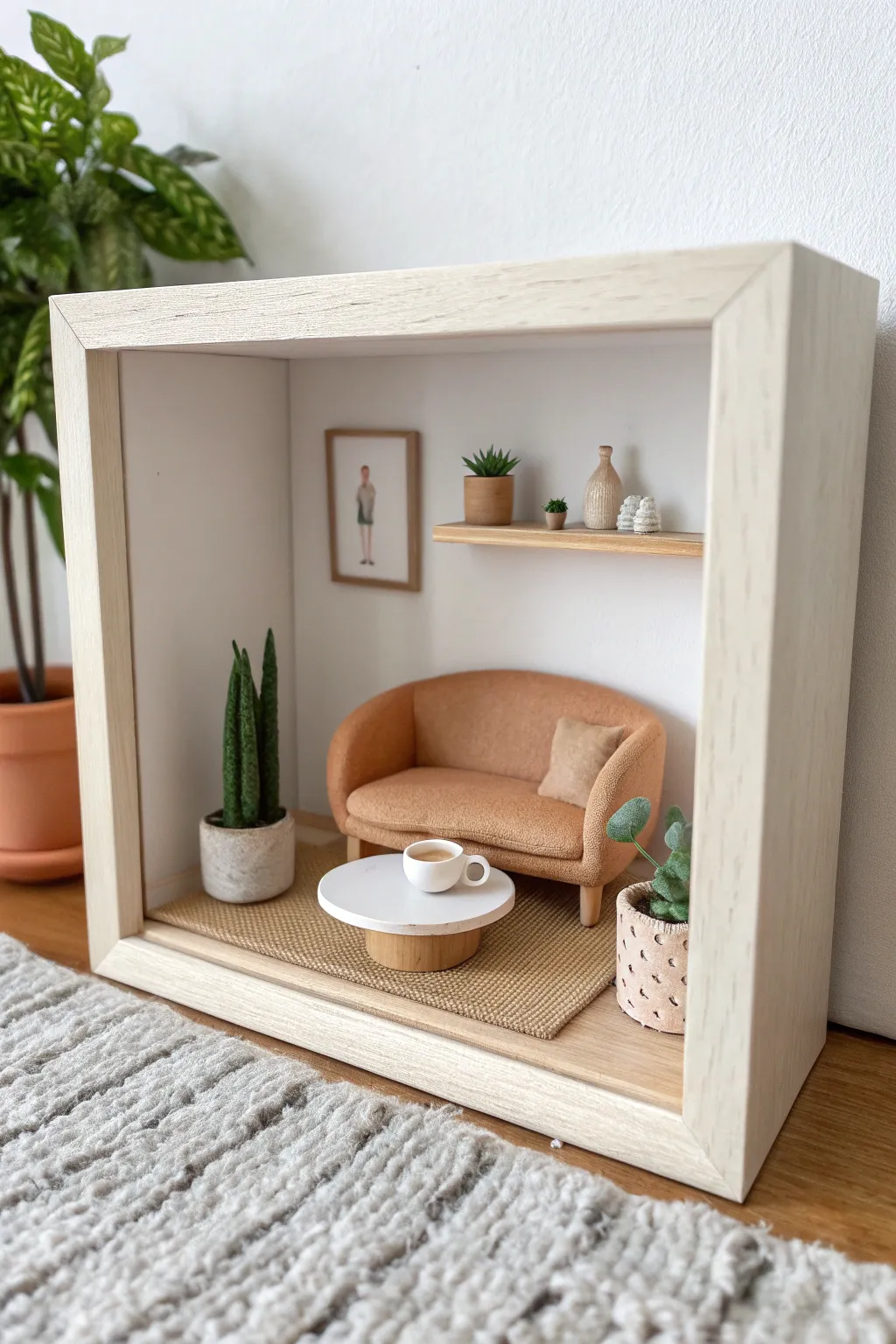 Mini clay room shadowbox with cozy minimalist forms, warm neutrals, and a soft boho touch
