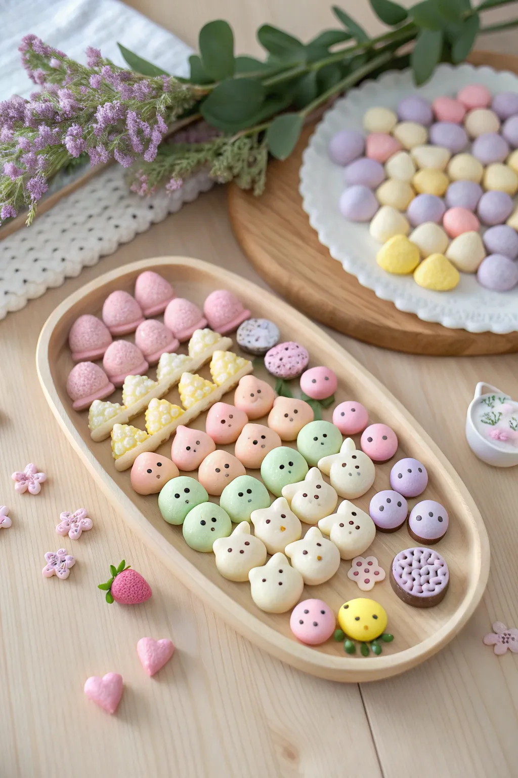 A pastel kawaii mini army tray of tiny animals, mushrooms, and sweets for a cute display.