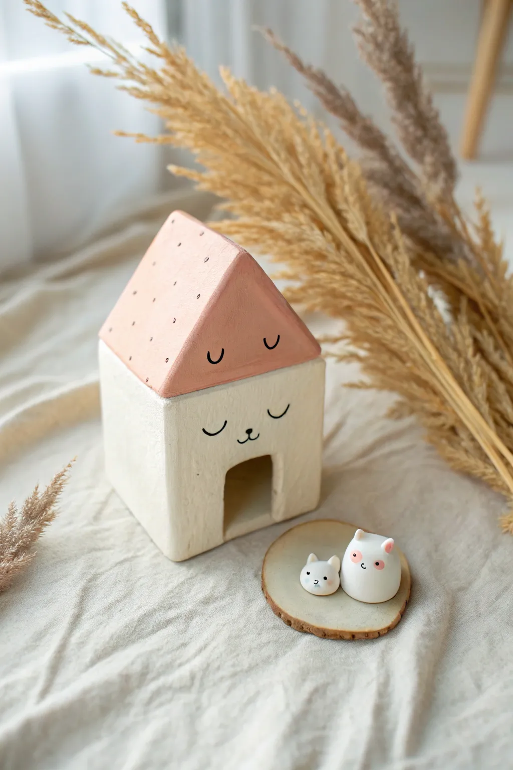Mini kawaii clay pet house with a tiny companion, minimalist Scandinavian boho and sweet contrast