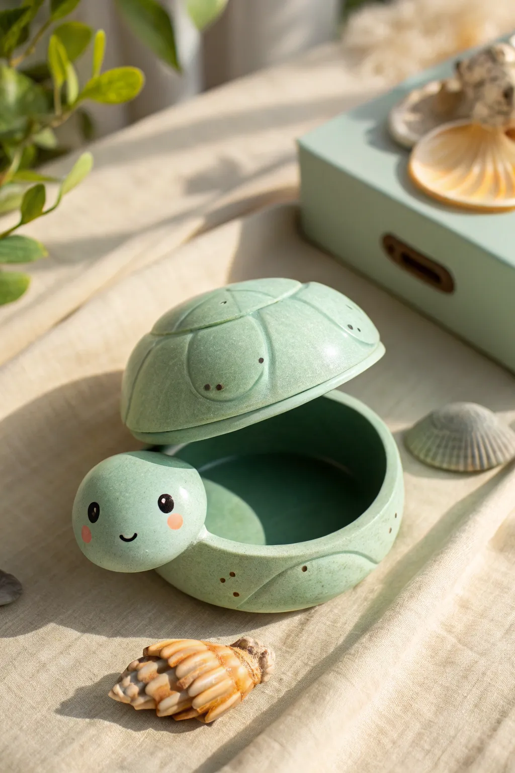 Sweet pastel turtle trinket box with a hidden shell compartment, minimalist and handmade